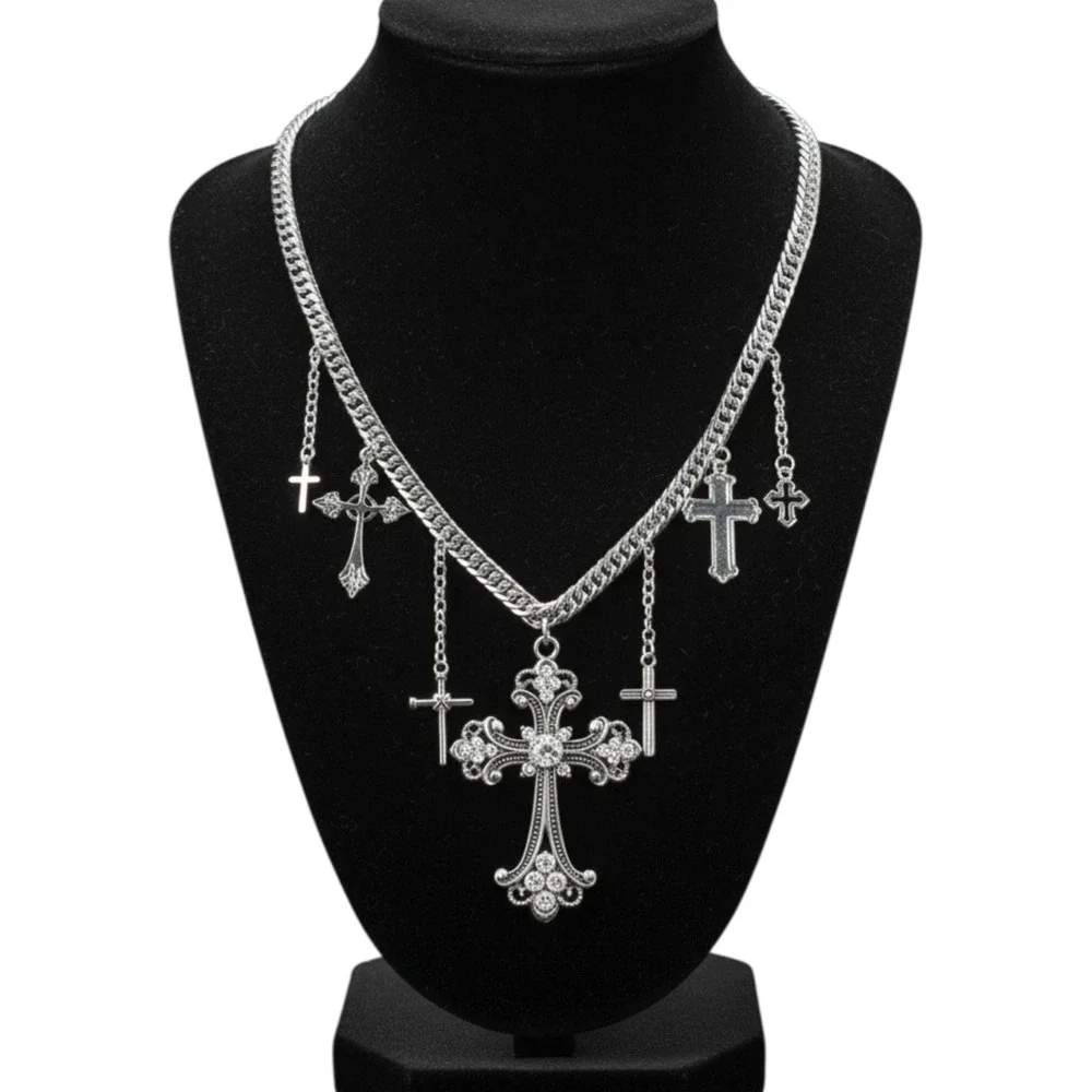 New Silver Rhinestone Multi Cross Charm Curb Chain Necklace Goth Grunge